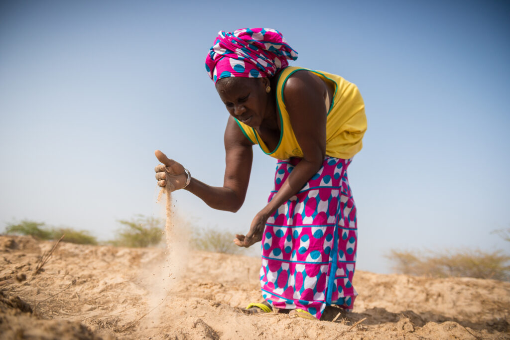 a woman sifting dust in a barrenn field